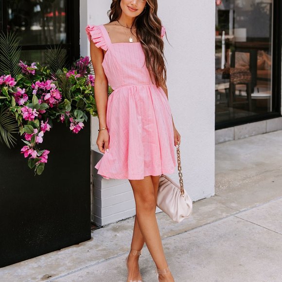 VERNA COTTON RUFFLE BABYDOLL DRESS - PINK - Picture 4 of 9